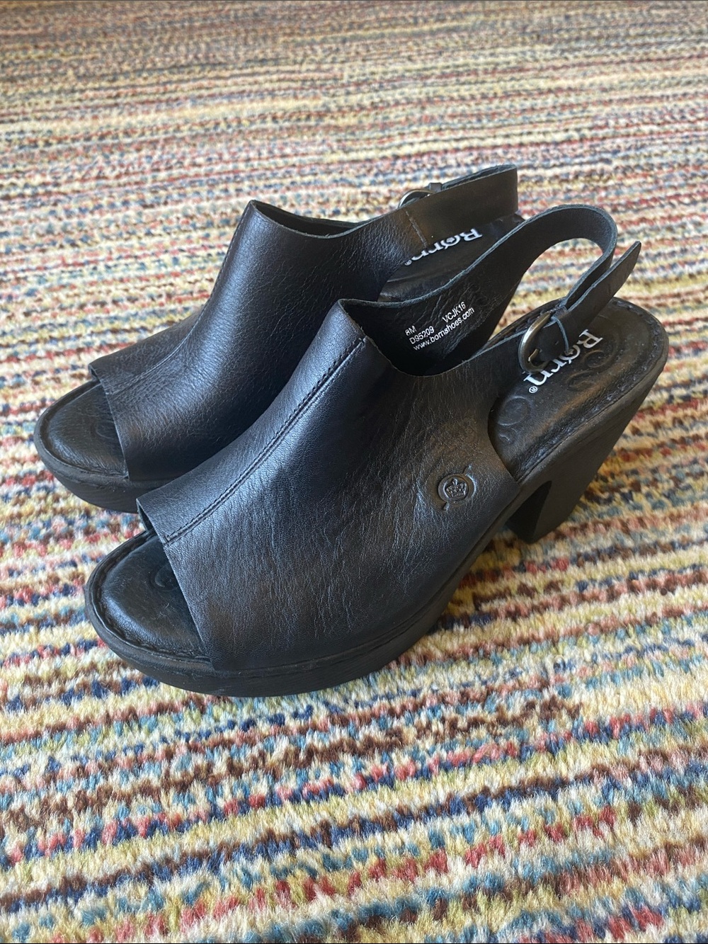 Born Black Leather Open-Toe Slingback Block Heels